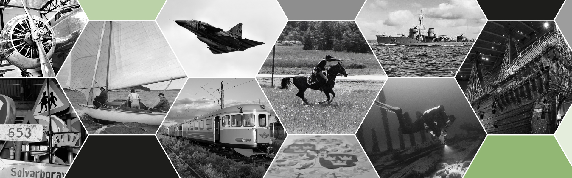 Collage av svartvita bilder som visar historiska fordon, fartyg, tåg, flygplan och kulturmiljöer.